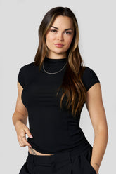 W4270 Ribbed Mock Neck Tee - Black