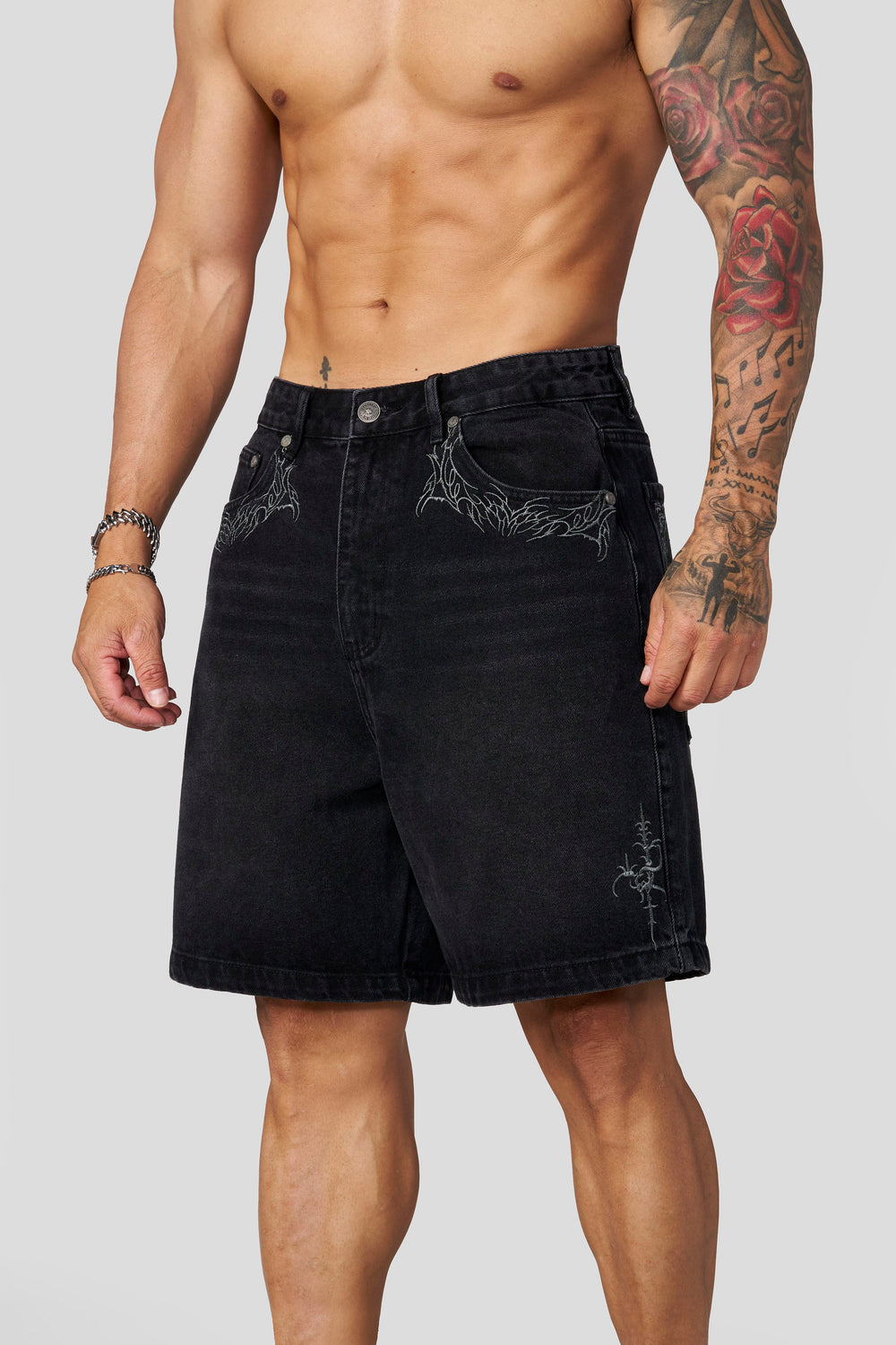 1025 - Phantom Embroidery Jorts - Black Wash