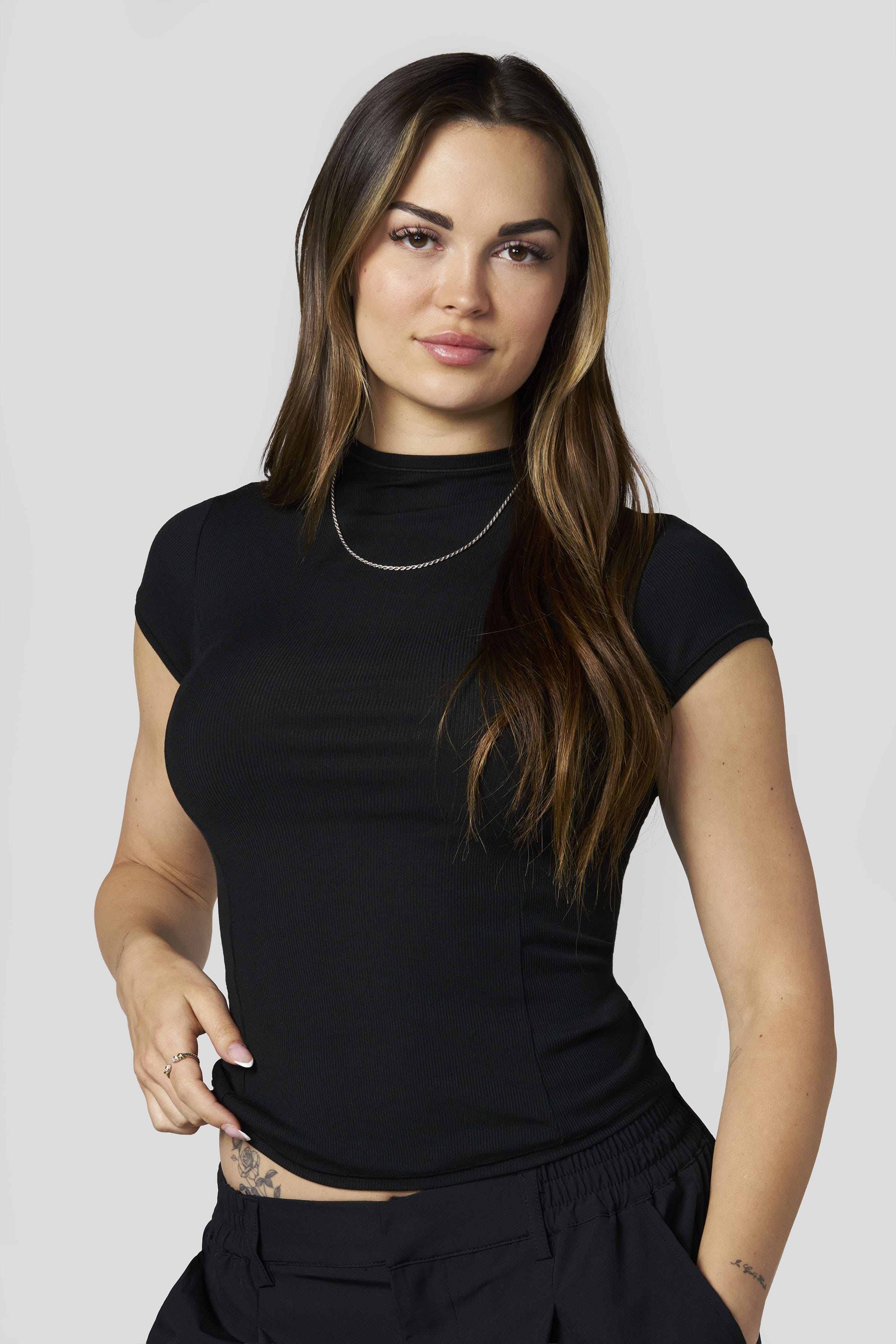 W4270 Ribbed Mock Neck Tee - Black