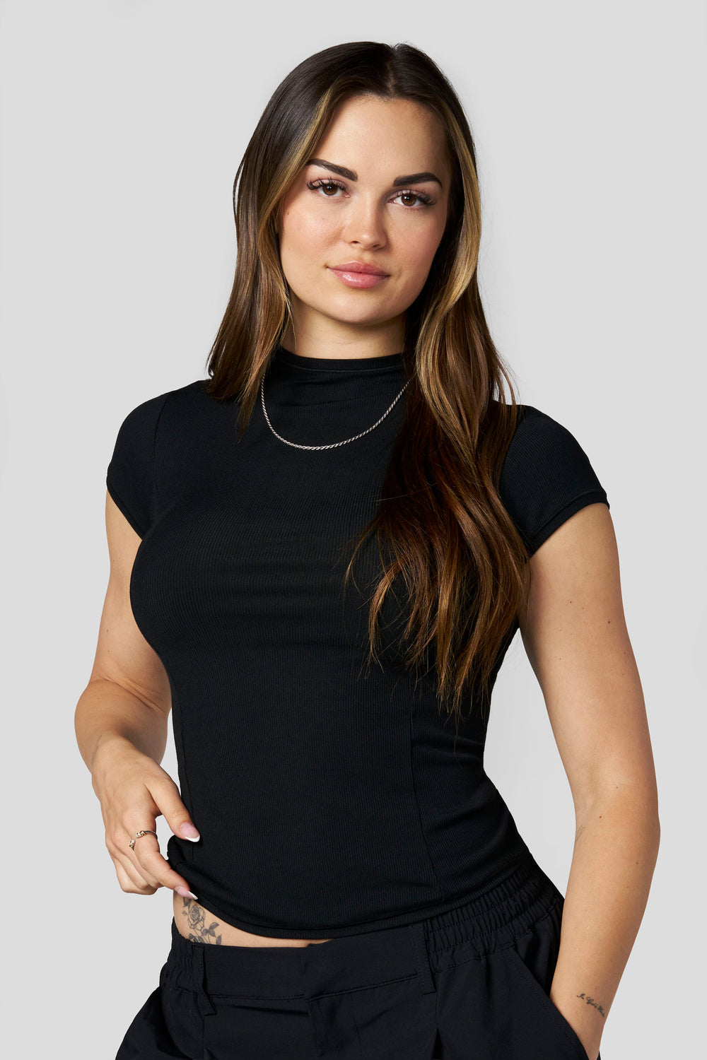 W4270 Ribbed Mock Neck Tee - Black