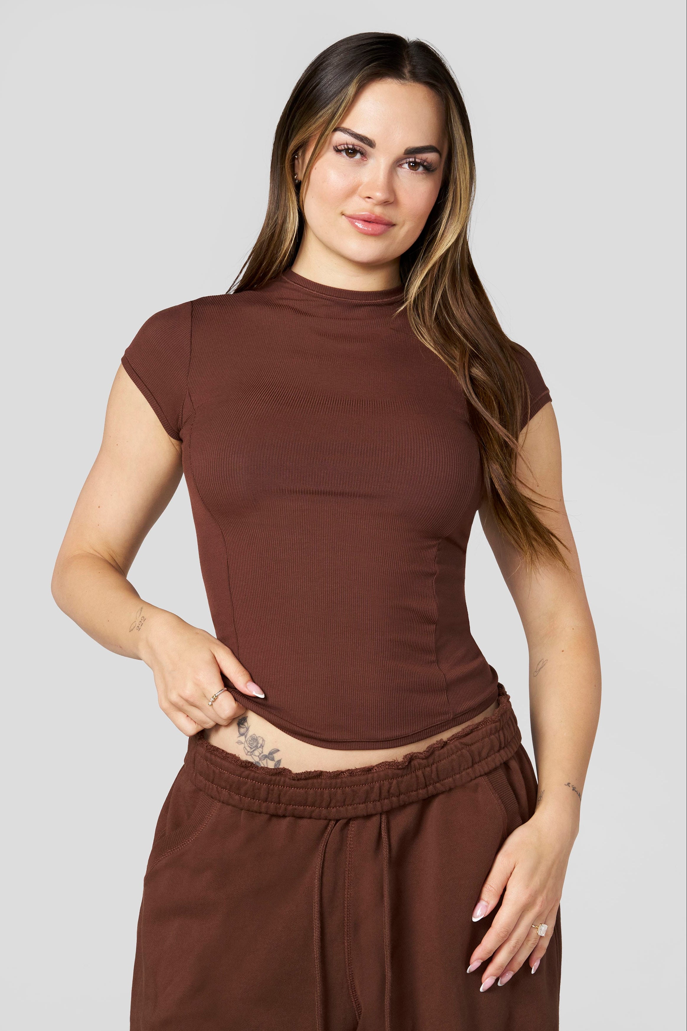 W4270 Ribbed Mock Neck Tee - Brown