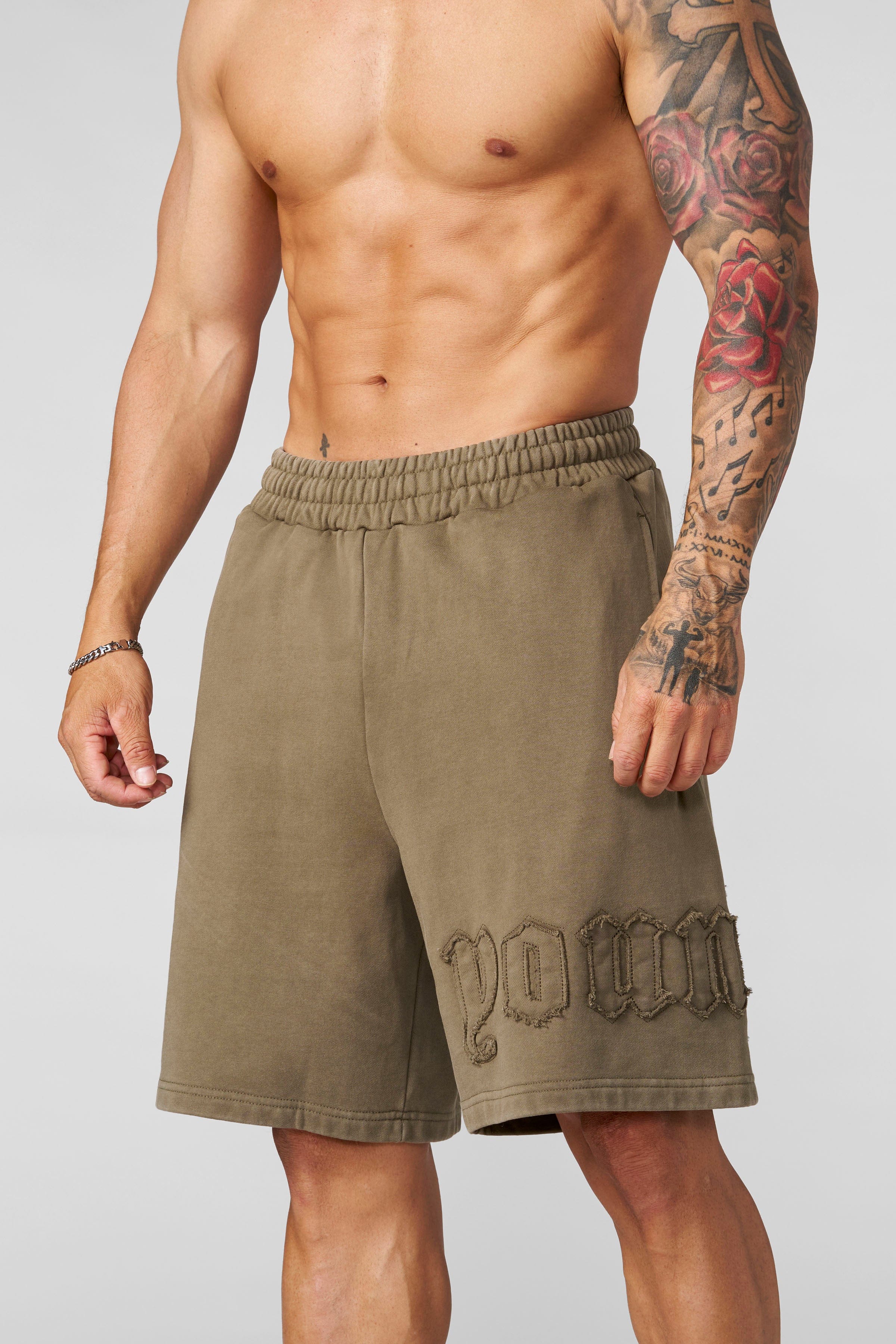 1027 - Patchwork Shorts - Olive Brown Wash