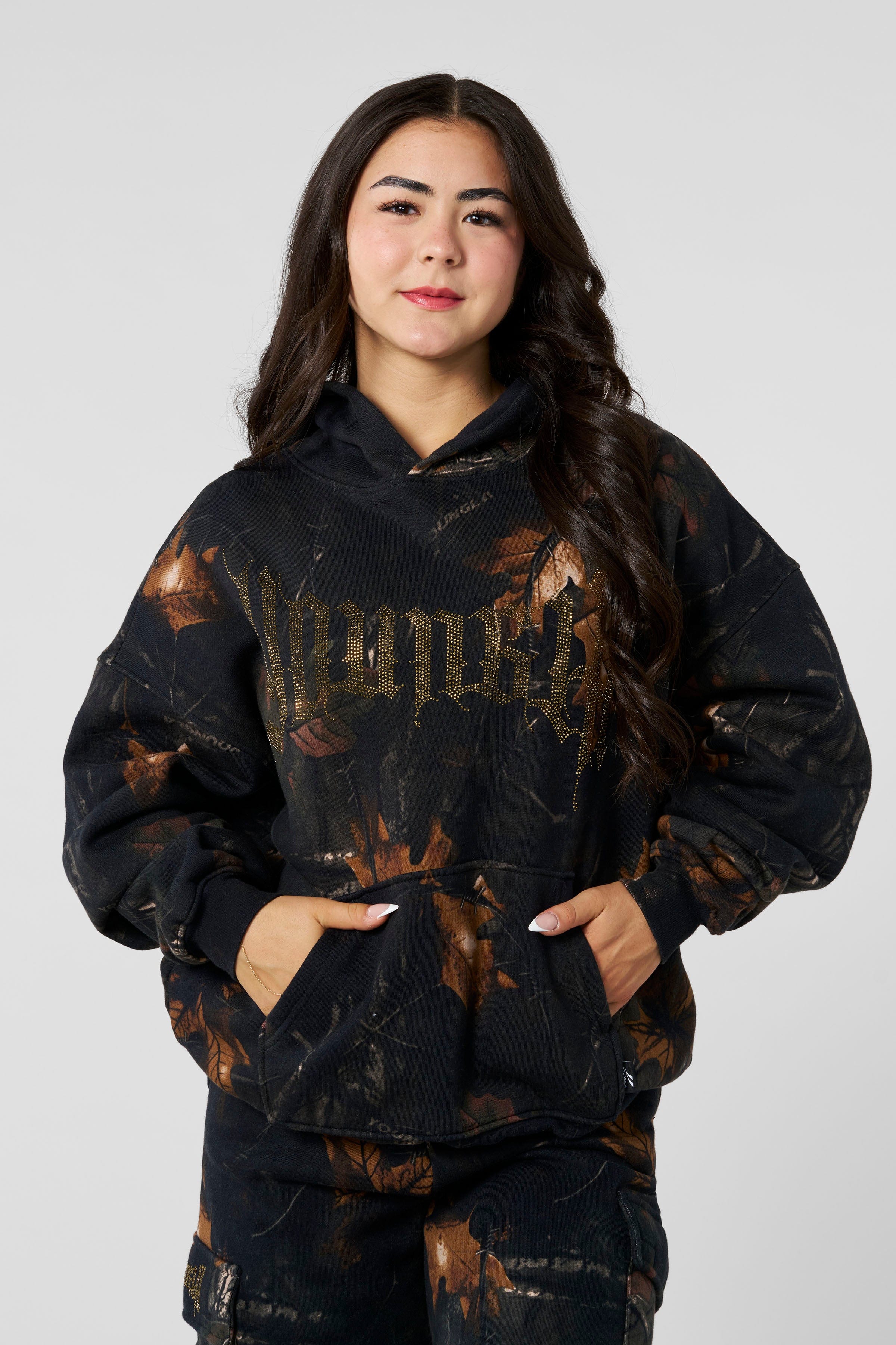 W5168 - Camo Bling Hoodie - Black Barbed Wire Camo