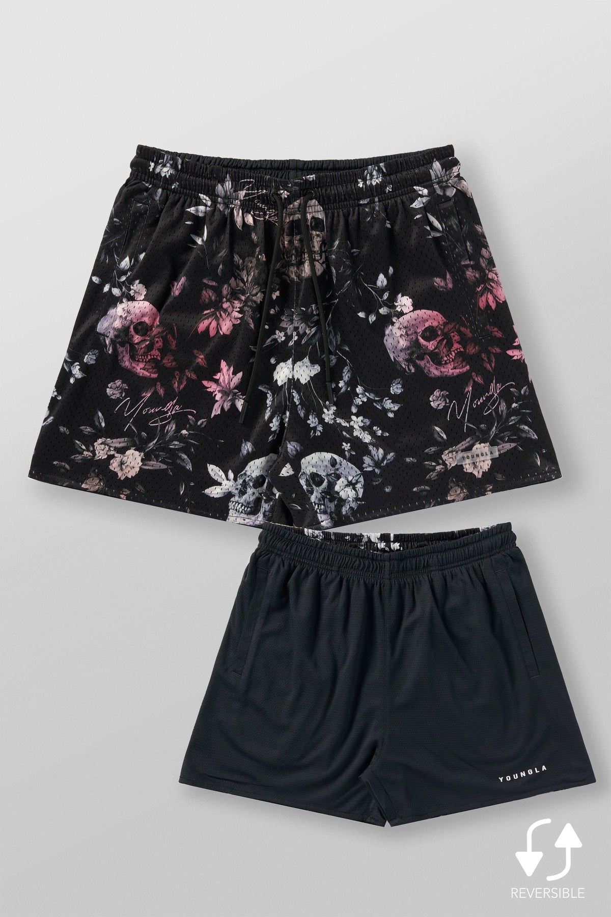1111 - Skulls & Roses Reversible Shorts - Black Flower Skull
