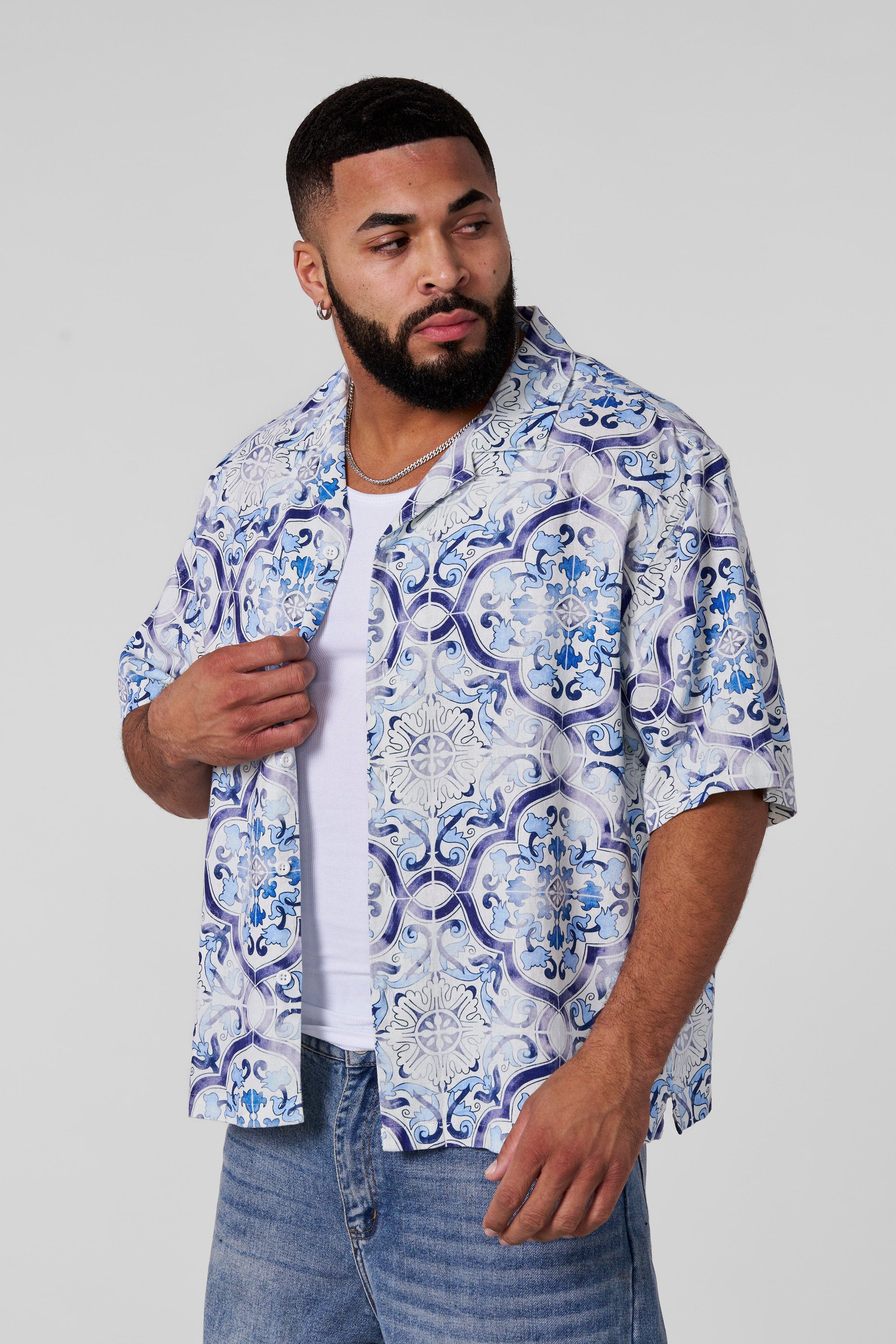4093 - Mosaic Linen Button-Ups - White Blue Mosaic