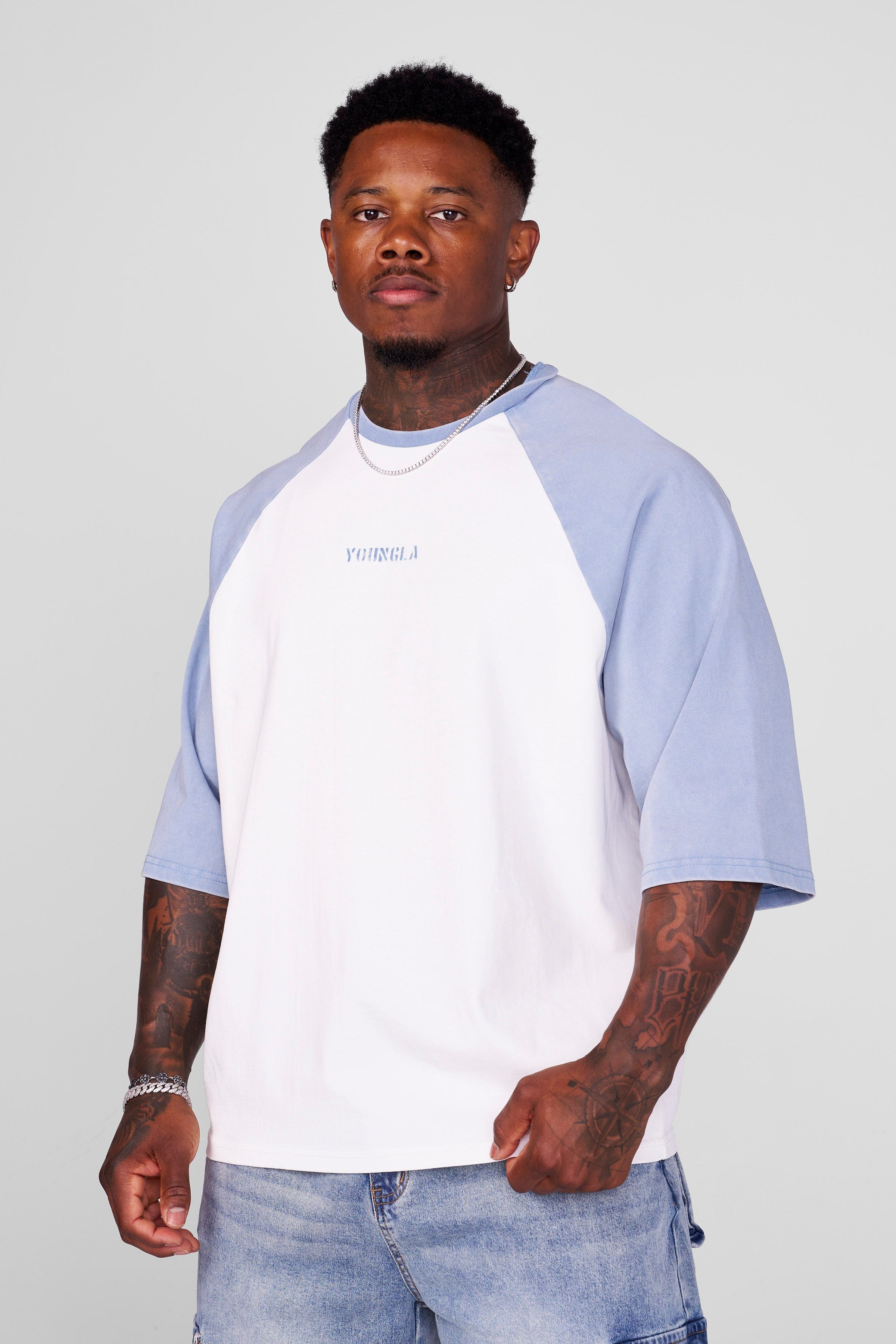 4139 - Oversized Baseball Tees - White/Light Blue