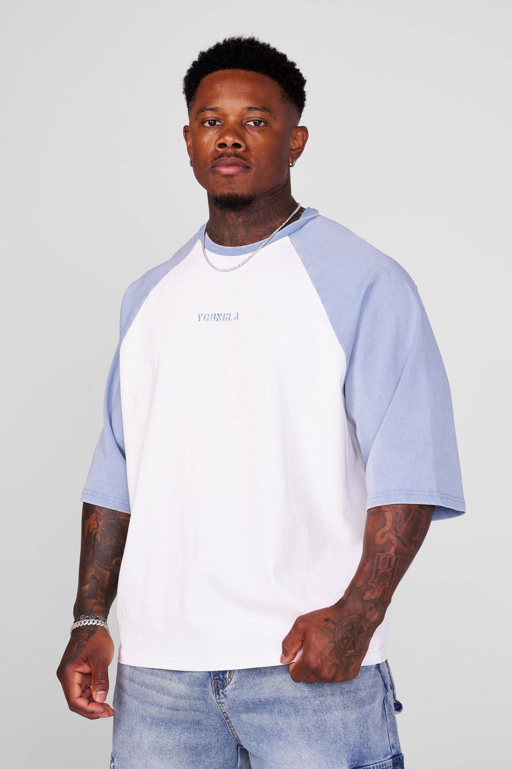 4139 - Oversized Baseball Tees - White/Light Blue