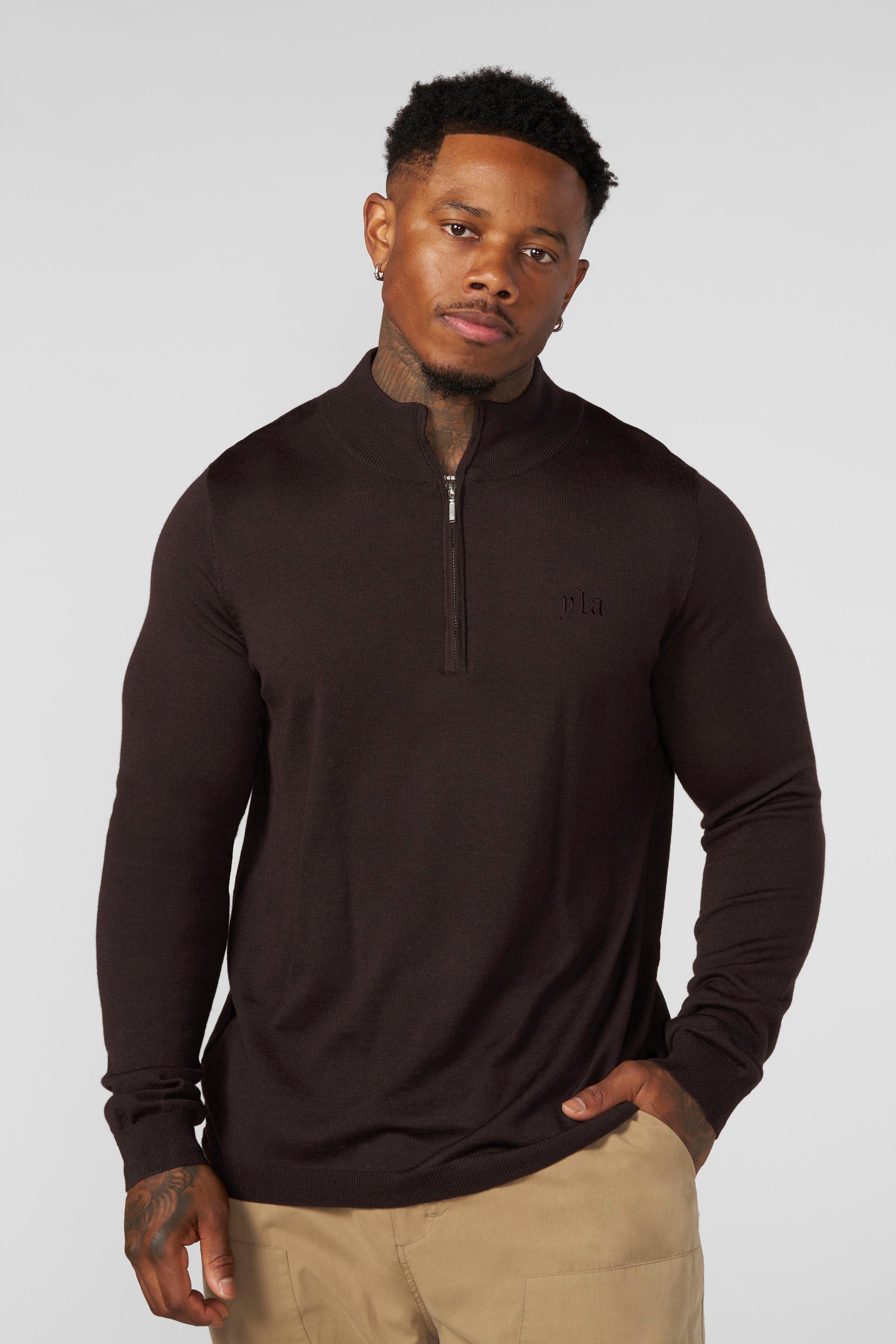 8048 - Monaco Wool Quarter-Zip Sweaters - Brown