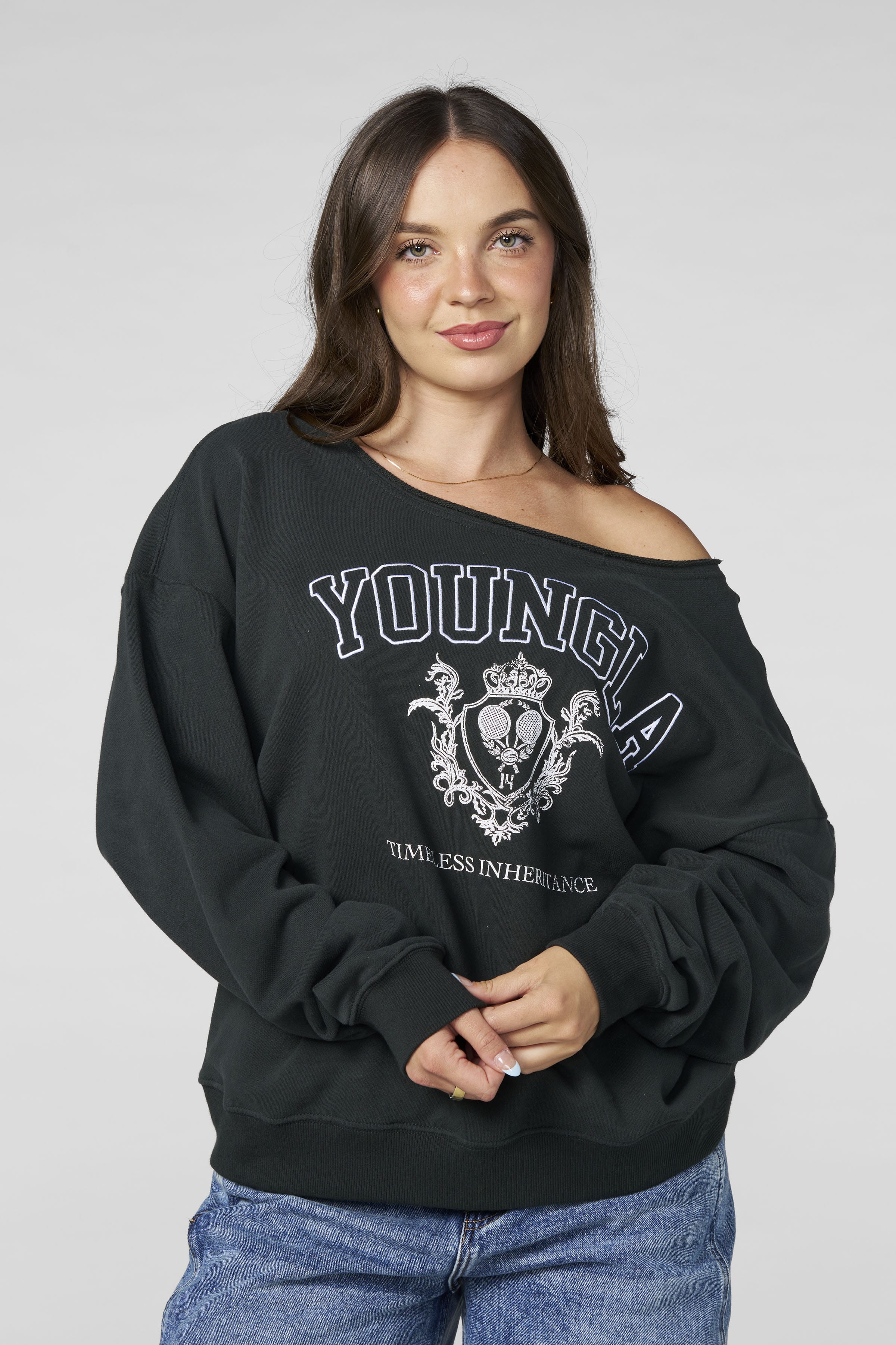 W5158 - Off-shoulder Pullover - Carbon Green