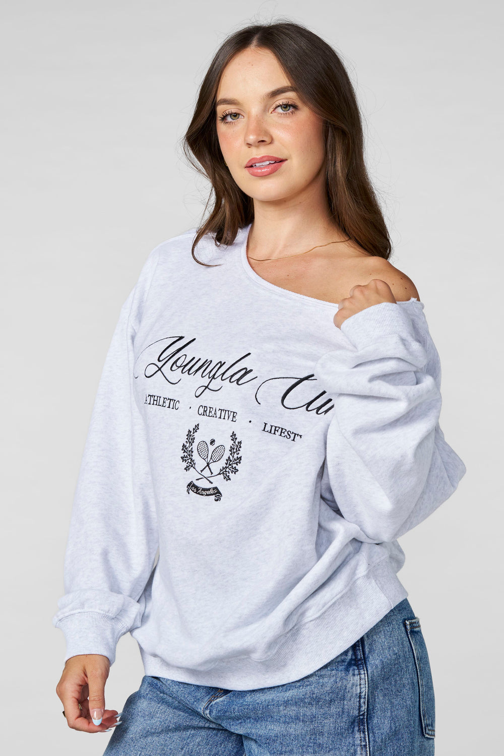 W5158 - Off-shoulder Pullover - Heather Grey