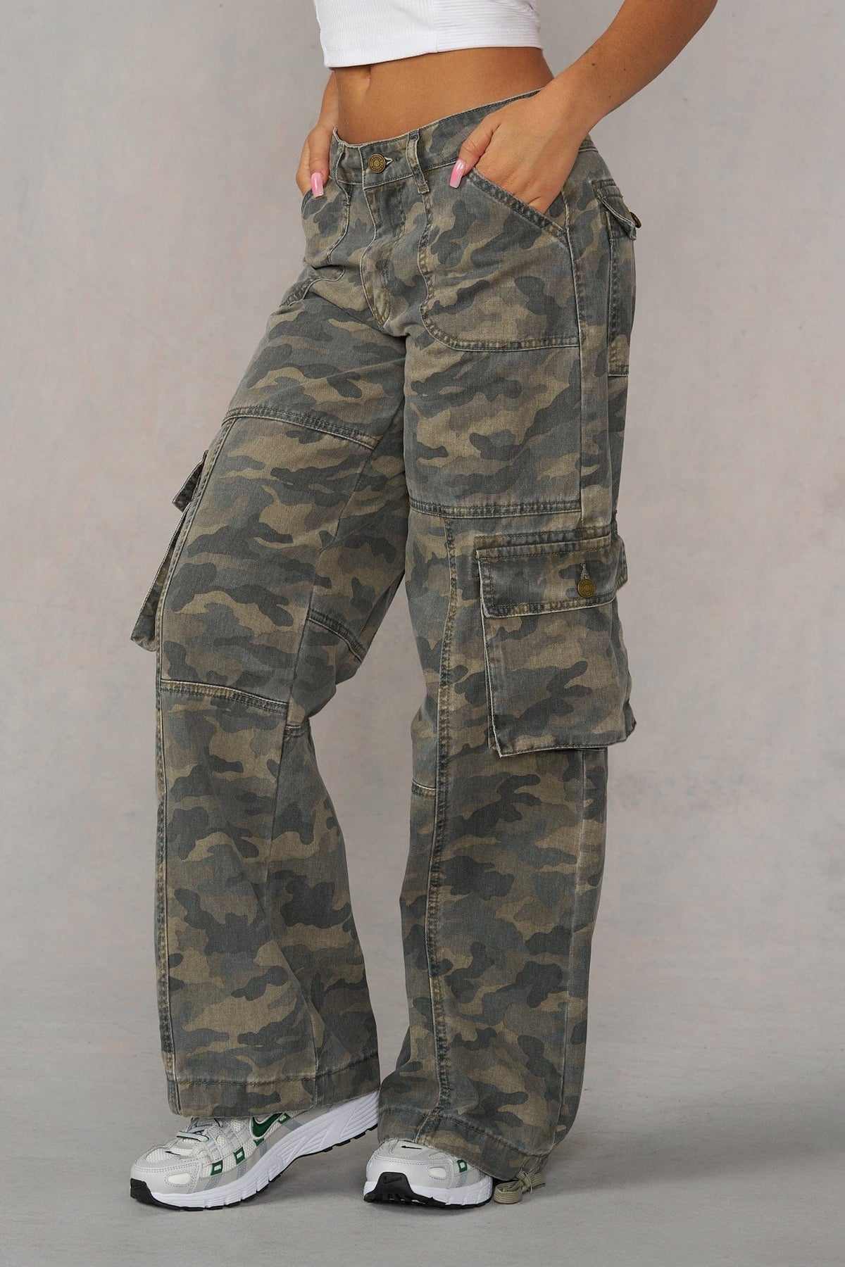 W2132 - Camo Straight Cargo Jeans - Green Faded Camo