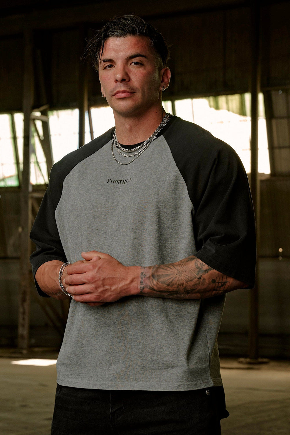 4139 - Oversized Baseball Tees - Heather Grey/Black