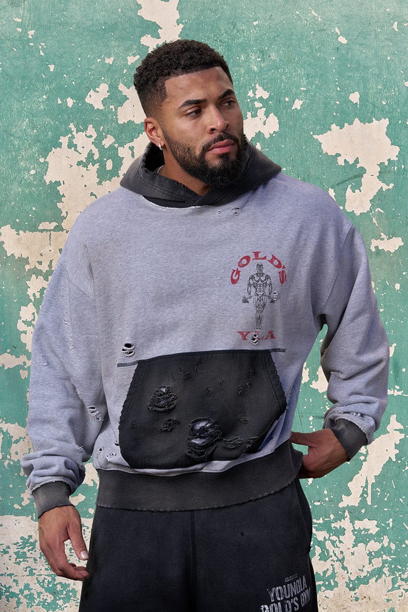 5168 - Gold's Iron Legacy Distress Hoodies - Heather Grey/Black Wash
