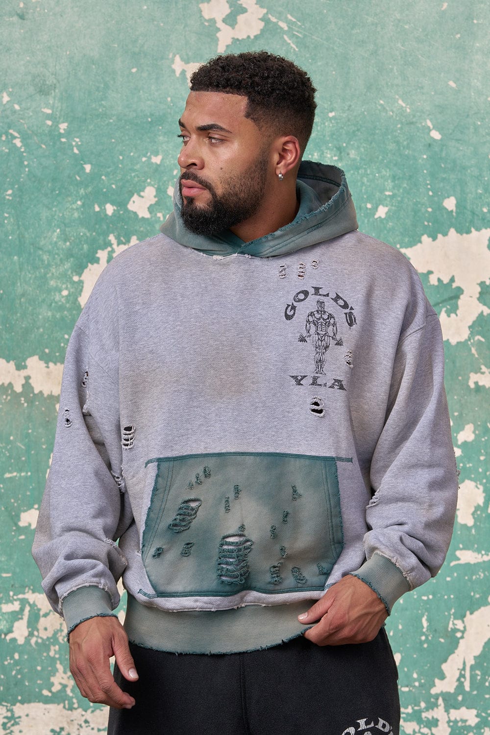 5168 - Gold's Iron Legacy Distress Hoodies - Heather Grey/Teal Wash